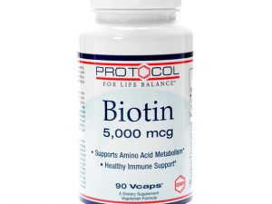 A bottle of Protocol for Life: Biotin 5,000 mcg dietary supplement containing 5,000 mcg per capsule, supporting amino acid metabolism and a healthy immune system, in a vegetarian formula.