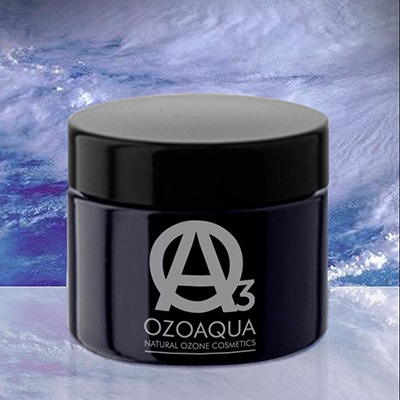 A jar of ozoaqua natural ozone cosmetics against an abstract blue and purple background.