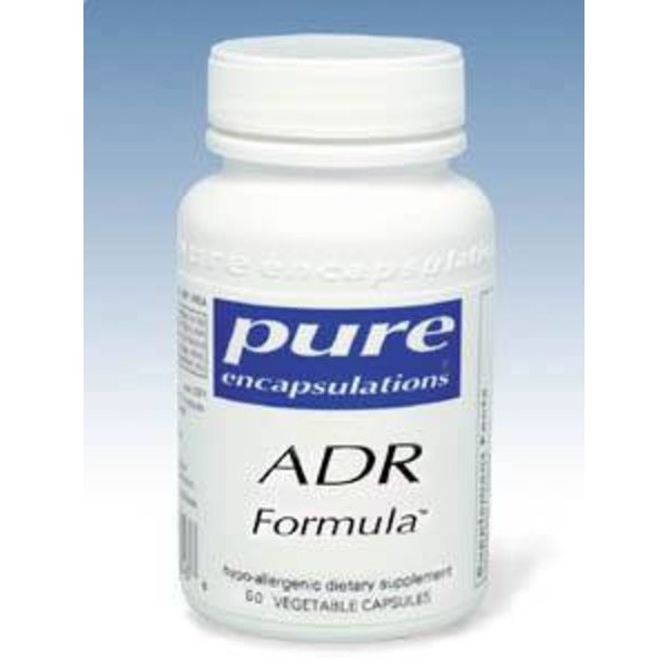 A bottle of pure encapsulations adr formula dietary supplement with 60 vegetable capsules.