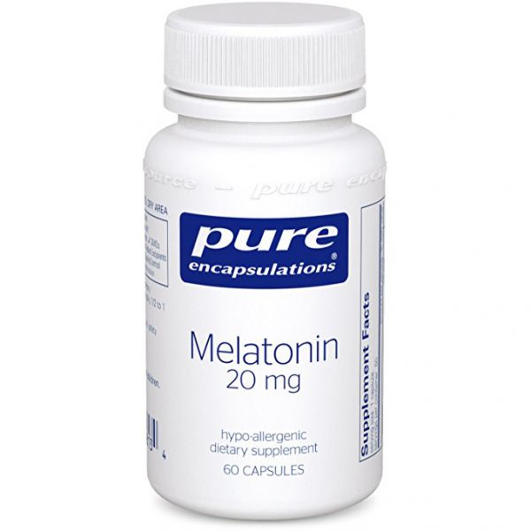 A bottle of Pure Encapsulations - Melatonin 20 mg, marketed as a hypoallergenic dietary supplement with 60 capsules.