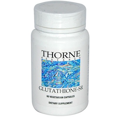 A bottle of thorne research glutathione-sr dietary supplement containing 60 vegetarian capsules.