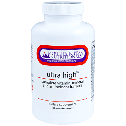 A bottle of Mountain Peak Nutritionals - Ultra High, a dietary supplement with minerals and antioxidants, containing 100 vegetarian capsules.