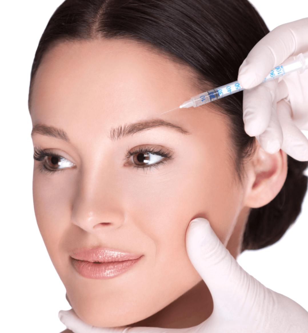 A woman receiving a Cosmetic PRP with Ozone for Skin and Hair injection near her forehead from a person wearing white gloves, possibly a dermatologist or aesthetician performing a beauty treatment.