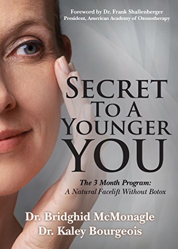 Close-up of a woman's face, possibly suggesting a focus on skin care and anti-aging treatments, paired with the book title 'secret to a younger you - the 3 month program: facelift without botox' by dr. bridghid mcmonagle and dr. kaley bourgeois.