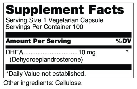 Label of Pure Encapsulations DHEA 10 mg showing supplement facts including serving size, servings per container, and the amount of dhea (dehydroepiandrosterone) per serving, with a note stating the daily value is not established and cellulose as an additional ingredient.