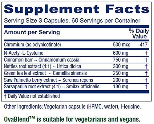 Label of Ovablend displaying supplement facts, including serving size, list of ingredients with their amounts per serving, and indication of suitability for vegetarians and vegans.