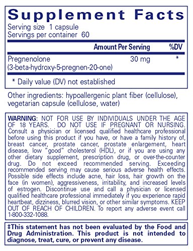 Supplement facts label with serving size and ingredients for Pure Encapsulations - Pregnenolone 30 mg, including a warning about potential side effects and usage by certain individuals.
