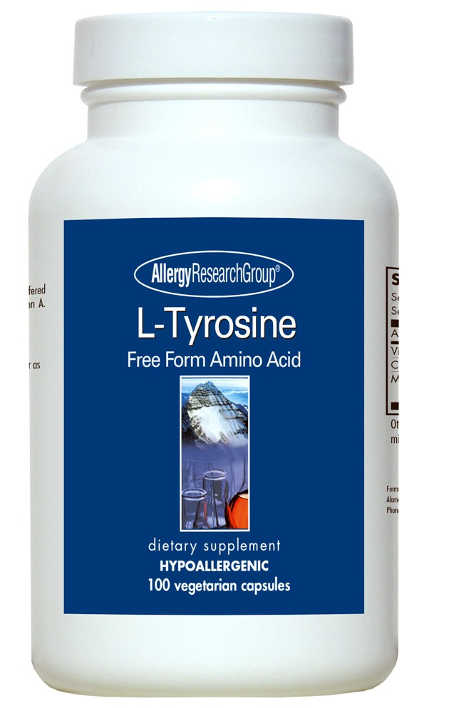 A bottle of l-tyrosine dietary supplement by allergy research group, featuring 100 vegetarian capsules and labeled hypoallergenic.