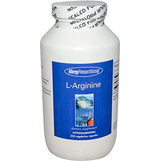 A bottle of l-arginine dietary supplement containing 250 vegetarian capsules, manufactured by allergy research group.