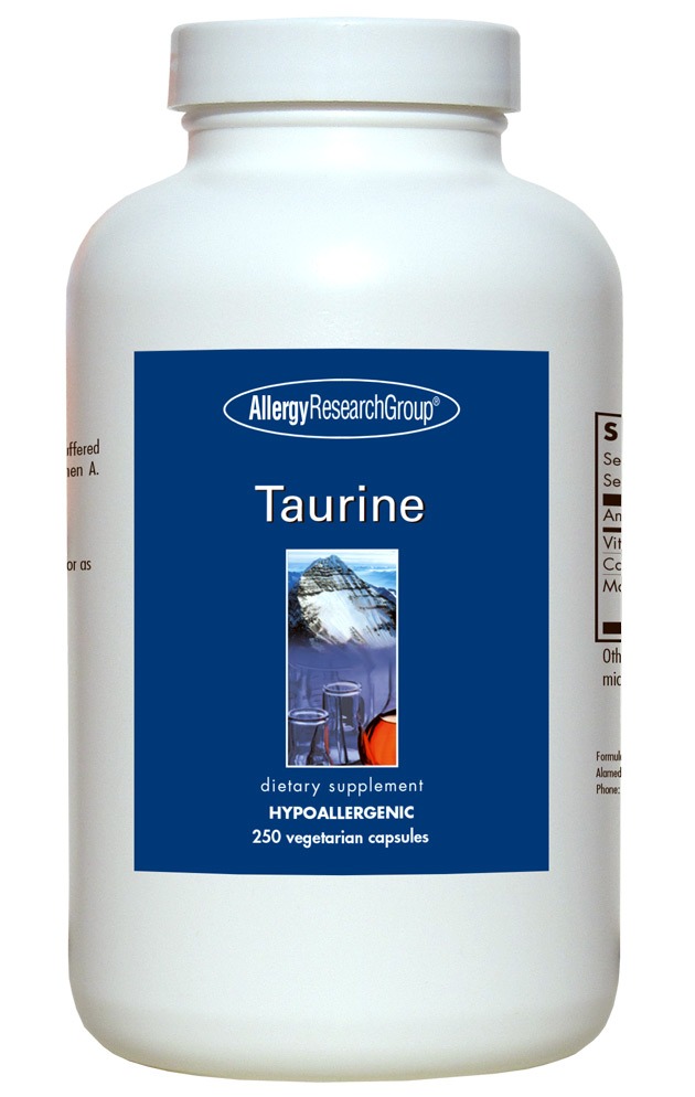 A bottle of taurine dietary supplement capsules by allergy research group, indicating it contains 250 vegetarian capsules and is hypoallergenic.