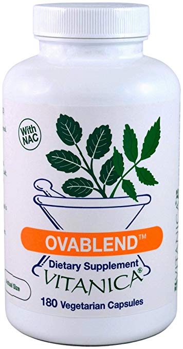 A bottle of Ovablend™ dietary supplement by Vitanica, containing 180 vegetarian capsules with NAC (N-acetylcysteine).