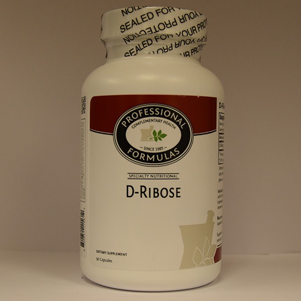 Bottle of d-ribose dietary supplement capsules on a shelf.