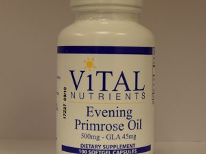 A bottle of Vital Nutrients - Evening Primrose Oil dietary supplement containing 100 softgel capsules, each with 500 mg of evening primrose oil and 45 mg of GLA.