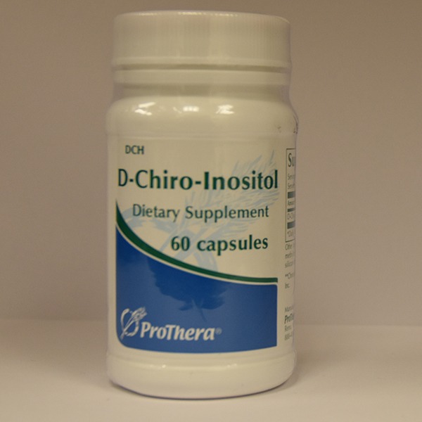 A bottle of d-chiro-inositol dietary supplement by prothera containing 60 capsules.