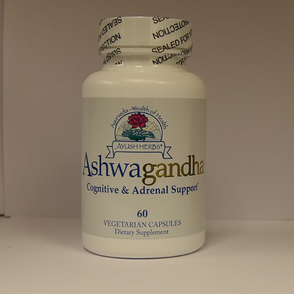 A bottle of ayush herbs ashwagandha supplement with the label indicating its use for cognitive and adrenal support, containing 60 vegetarian capsules.