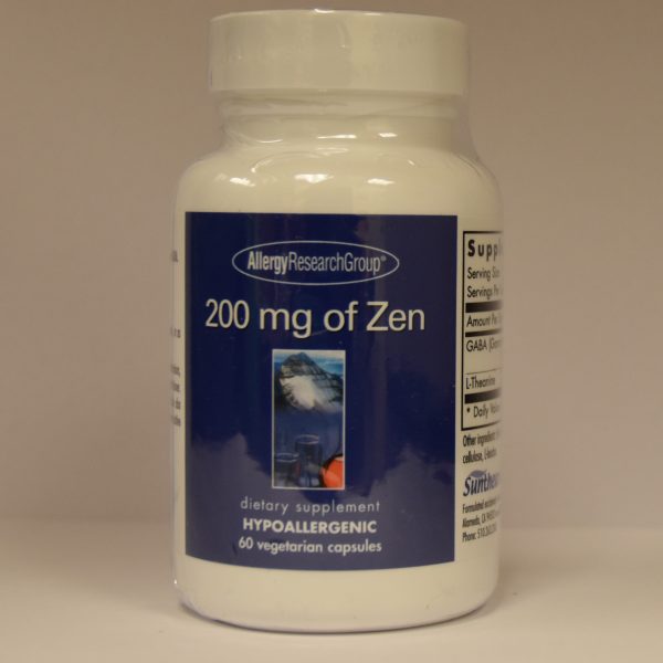 A bottle of Allergy Research Group - 200 mg of Zen - 60 Vegetarian Capsules dietary supplements.