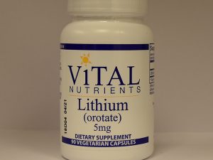 A bottle of Lithium (orotate) 5 mg - 90 Vegetarian Capsules dietary supplement containing 90 vegetarian capsules.