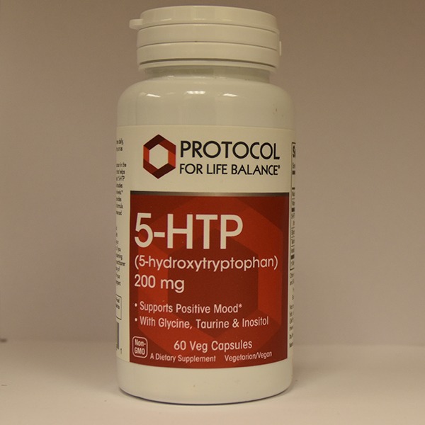 Sentence with product name replacement: A bottle of Protocol For Life Balance - 5-htp brand dietary supplement, which promotes positive mood, with 60 vegetarian capsules.