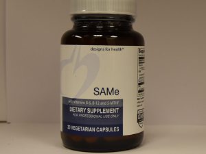 A bottle of SAMe with Vitamins B-6, B-12, and 5-MTHF, labeled for professional use only, containing 30 vegetarian capsules.
