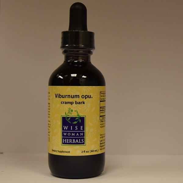 A bottle of wise woman herbals' viburnum opulus (cramp bark) dietary supplement with dropper, 2 fl oz (60 ml).