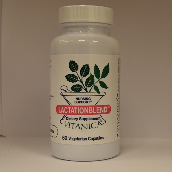 A bottle of vitanica lactation blend dietary supplement, containing 60 vegetarian capsules designed to support nursing mothers.