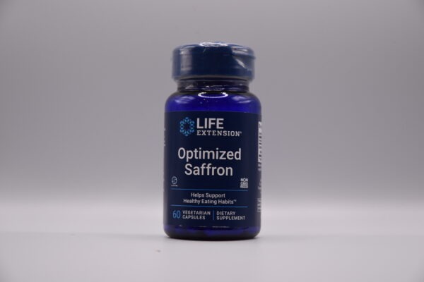 A bottle of Optimized Saffron dietary supplement capsules on a neutral background.