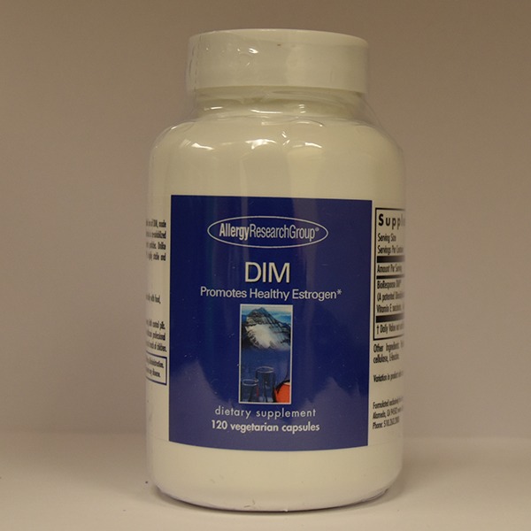 A bottle of DIM Enhanced Delivery System by allergy research group, advertising to promote healthy estrogen, containing 120 vegetarian capsules.