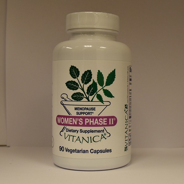A bottle of vitanica women's phase ii menopause support dietary supplement, containing 90 vegetarian capsules.