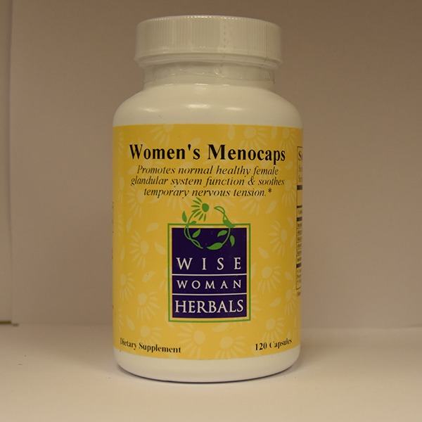 A bottle of Women's Menocaps - 120 Capsules dietary supplement by wise woman herbals, promoting healthy female glandular system function and soothing temporary nervous tension.