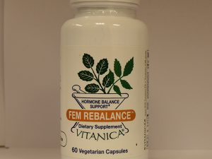 A bottle of FemRebalance, containing 60 vegetarian capsules.