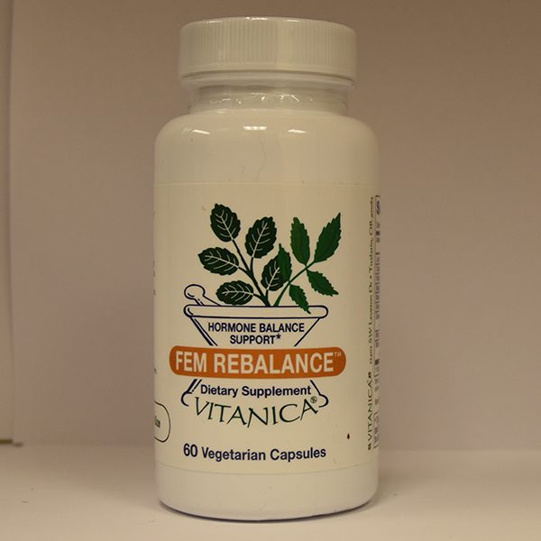 A bottle of FemRebalance, containing 60 vegetarian capsules.