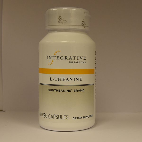 Bottle of L-Theanine dietary supplement capsules on a shelf.