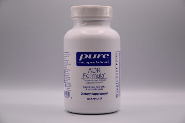 A bottle of Pure ADR Formula - 120 Caps dietary supplement against a neutral background, containing 120 capsules designed for adrenal support.