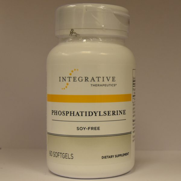 A bottle of Phosphatidylserine, a soy-free dietary supplement with 60 softgels, positioned against a plain background.