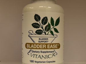 A bottle of Vitanica Bladder Ease dietary supplement with 180 vegetarian capsules for bladder support.