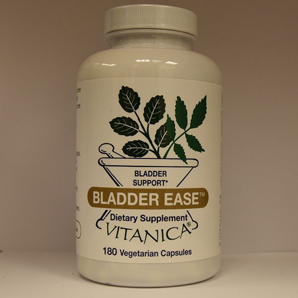A bottle of Vitanica Bladder Ease dietary supplement with 180 vegetarian capsules for bladder support.