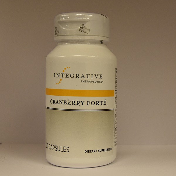 A bottle of integrative therapeutics cranberry forte dietary supplement capsules on a shelf.