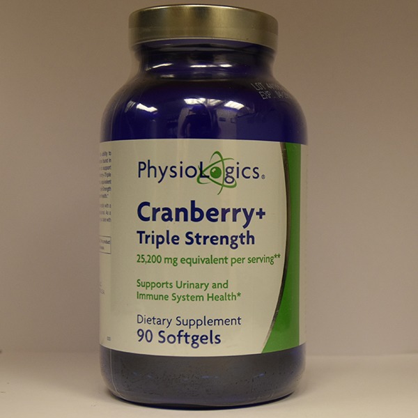 A jar of physiologics cranberry triple strength supplement, which claims to support urinary and immune system health, containing 90 softgels.