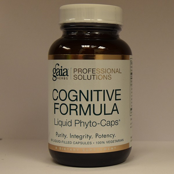 A bottle of gaia herbs professional solutions cognitive formula liquid-filled capsules on a neutral background, highlighting the product as a dietary supplement promoting cognitive health.