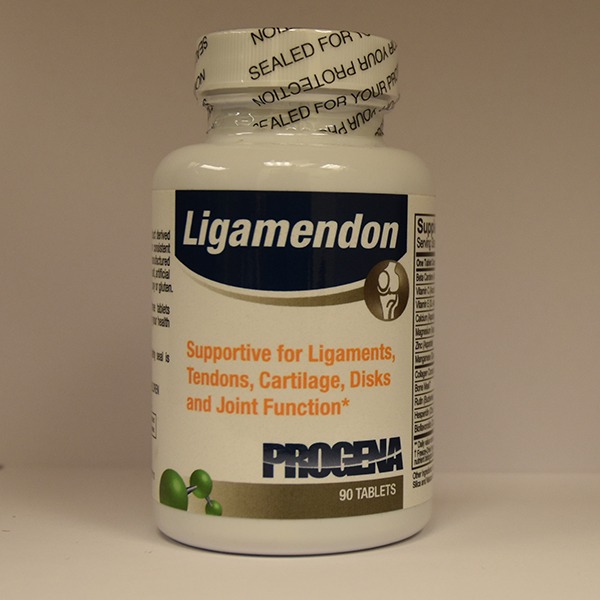 A bottle of ligamendon supplement with a label that indicates it is supportive for ligaments, tendons, cartilage, disks, and joint function, containing 90 tablets.
