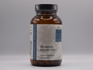 A bottle of Women's Menocaps - 120 Capsules dietary supplement, containing 130 capsules, with an emphasis on botanical formula and herbal support.