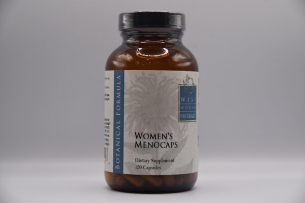 A bottle of Women's Menocaps - 120 Capsules dietary supplement, containing 130 capsules, with an emphasis on botanical formula and herbal support.