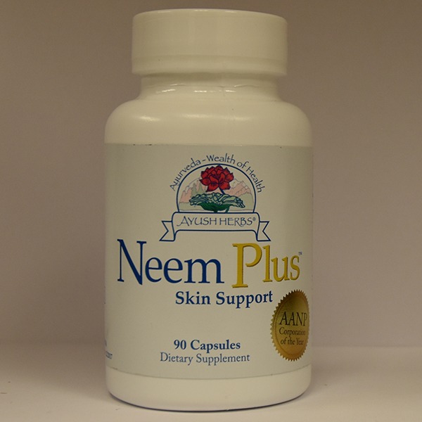 A bottle of neem plus skin support dietary supplement containing 90 capsules.