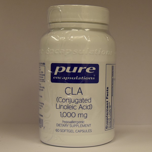 A bottle of pure encapsulations cla (conjugated linoleic acid) 1000 mg dietary supplement, containing 60 softgel capsules.