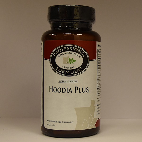 A bottle of professional formulas hoodia plus herbal supplement with a white label on a beige background.