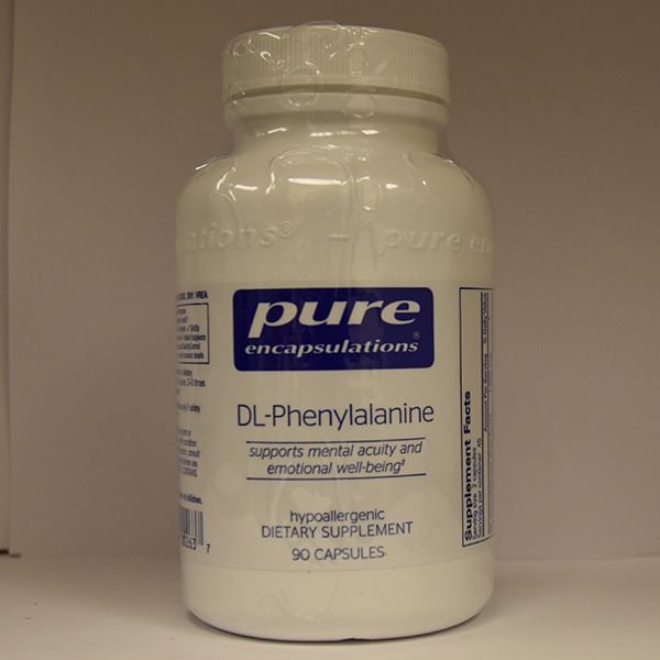 A bottle of DL-Phenylalanine dietary supplement with a label that claims it supports mental acuity and emotional well-being, containing 90 capsules.