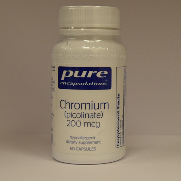 A bottle of pure encapsulations chromium (picolinate) 200 mcg dietary supplement with 60 capsules.