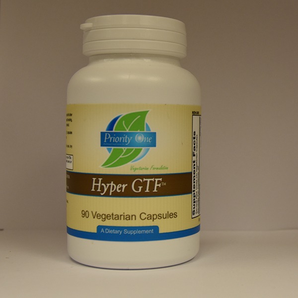 A bottle of priority one hyper gtf dietary supplement with 90 vegetarian capsules.