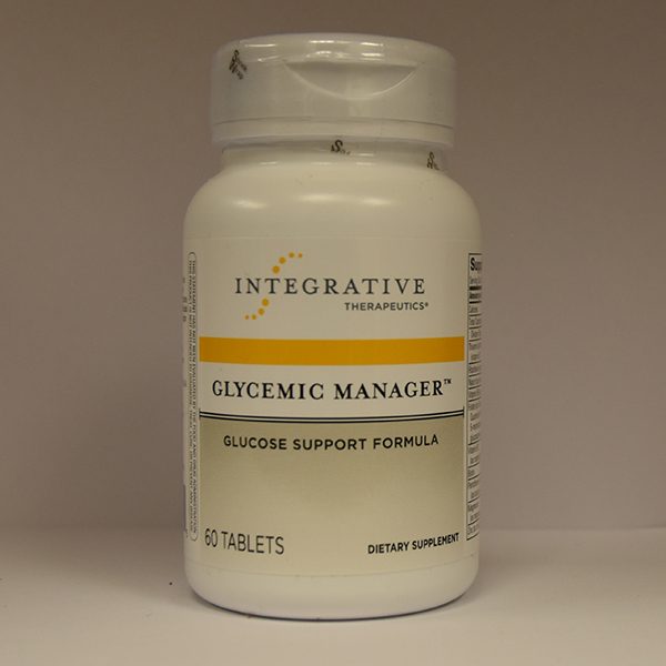 A bottle of Glycemic Manager dietary supplement containing 60 tablets from Integrative Therapeutics.
