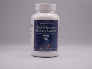 A bottle of DIM Enhanced Delivery System - 120 Vegetarian Capsules with enhanced delivery system that promotes healthy estrogen.